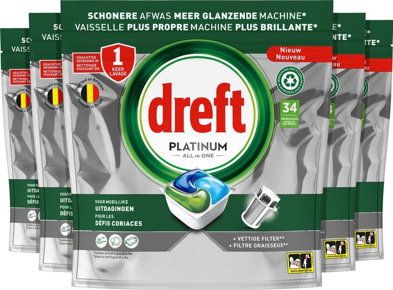 Dreft Platinum All In One Vaatwasmiddel - Original - Voordeelverpakking 5 x 34 Vaatwastabletten