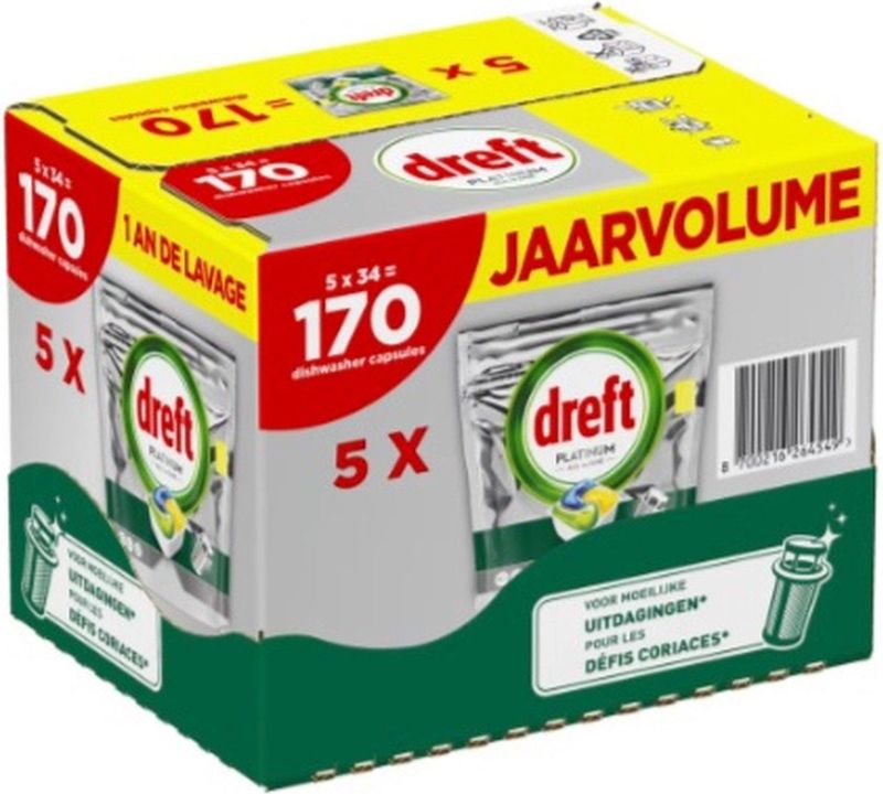 Dreft - All-in-One Platinum - Vaatwastabletten - Citroen - 5 zakken - 170 vaatwasbeurten