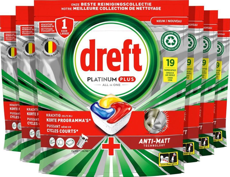 Dreft Platinum Plus All In One - Vaatwastabletten - Anti-dofheidstechnologie Citroen - Voordeelverpakking 6 x 19 Capsules