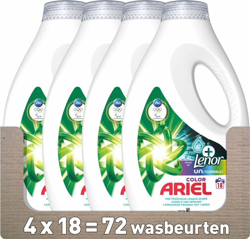 Ariel - Vloeibaar Wasmiddel +Touch Van Lenor Unstoppables - Voordeelverpakking - 4 x 18 Wasbeurten