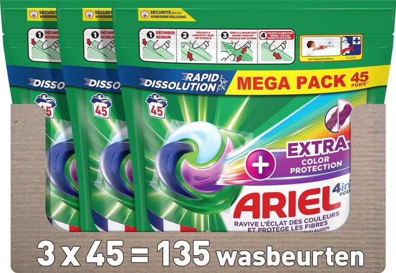 Ariel 4in1 PODS Wasmiddel Pods + Extra Kleurbescherming en Vezelbescherming- 3 x 45 Wasbeurten