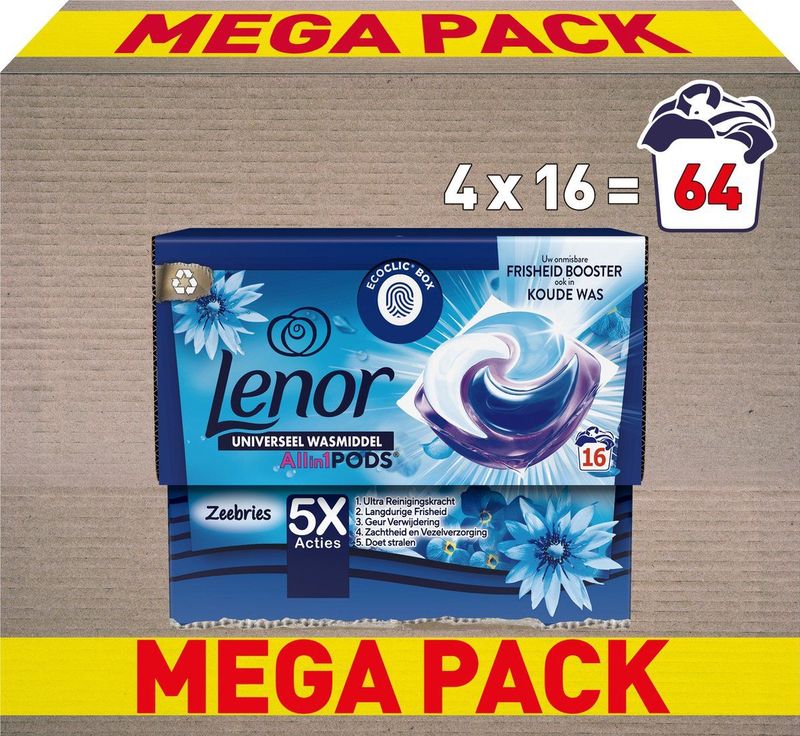 Lenor Wasmiddel Pods - Zeebries - 4 x 16 Capsules - Voordeelverpakking
