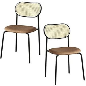 GEIRONV 2 Stuks Keuken Eetkamerstoel,voor Woonkamer Slaapkamer Patio Lounge Stoel Leer Smeedijzer Zwarte Benen Rotan Stoel Eetstoelen (Color : Brown)