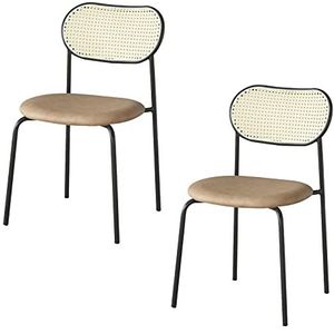 GEIRONV 2 Stuks Keuken Eetkamerstoel,Leer Zwarte Benen Rugleuning Stoel Smeedijzer Rotan Stoel voor Slaapkamer Balkon Woonkamerstoelen Eetstoelen (Color : Khaki)