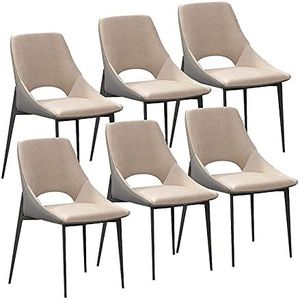 GEIRONV Set van 6 keukenstoelen, technologische stof Moderne Mid Century Woonkamer Zij stoelen Carbon Stalen benen Dineren stoelen Eetstoelen (Color : Beige)
