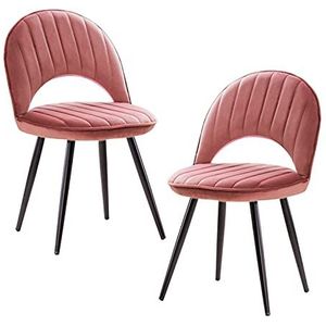 GEIRONV Set van 2 fluwelen eetkamerstoel, 48 × 51 × 81 cm Metalen poten lounge teller stoelen fluwelen zitting rugleuning woonkamer zijkantje Eetstoelen (Color : Pink, Size : Black legs)