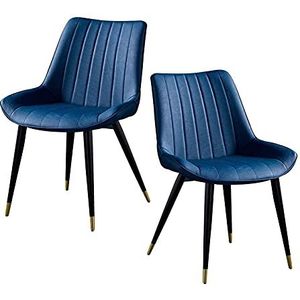 GEIRONV Retro lederen keuken stoelen set van 2, met rugleuning metalen benen dining stoelen woonkamer cafe kruk 46 × 53 × 83cm Eetstoelen (Color : Blue)
