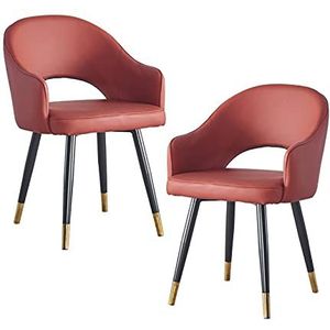 GEIRONV Set van 2 lederen hoge rug fauteuil, moderne zachte zitkamer woonkamer appartement eetkamerstoel keuken lounge teller stoelen Eetstoelen (Color : Red, Size : Metal feet)