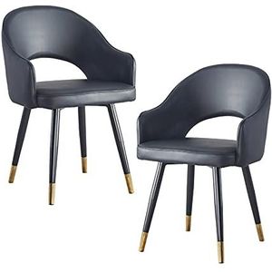 GEIRONV Set van 2 lederen hoge rug fauteuil, moderne zachte zitkamer woonkamer appartement eetkamerstoel keuken lounge teller stoelen Eetstoelen (Color : Black, Size : Metal feet)