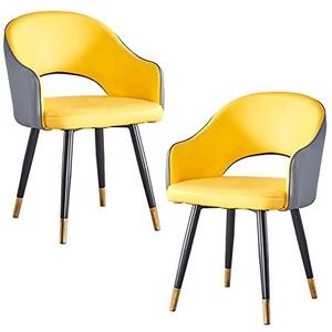 GEIRONV Set van 2 lederen hoge rug fauteuil, moderne zachte zitkamer woonkamer appartement eetkamerstoel keuken lounge teller stoelen Eetstoelen (Color : Yellow gray, Size : Metal feet)