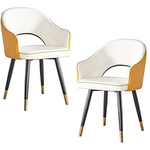 GEIRONV Set van 2 lederen hoge rug fauteuil, moderne zachte zitkamer woonkamer appartement eetkamerstoel keuken lounge teller stoelen Eetstoelen (Color : White yellow, Size : Metal feet)