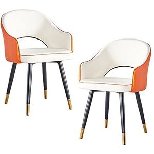 GEIRONV Set van 2 lederen hoge rug fauteuil, moderne zachte zitkamer woonkamer appartement eetkamerstoel keuken lounge teller stoelen Eetstoelen (Color : White orange, Size : Metal feet)