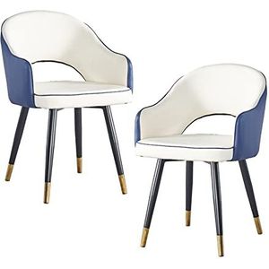 GEIRONV Set van 2 lederen hoge rug fauteuil, moderne zachte zitkamer woonkamer appartement eetkamerstoel keuken lounge teller stoelen Eetstoelen (Color : White blue, Size : Metal feet)