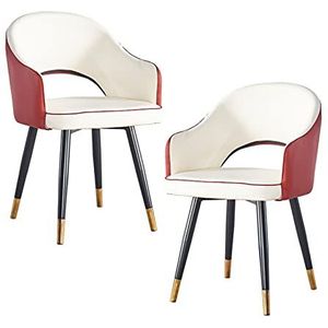 GEIRONV Set van 2 lederen hoge rug fauteuil, moderne zachte zitkamer woonkamer appartement eetkamerstoel keuken lounge teller stoelen Eetstoelen (Color : White red, Size : Metal feet)