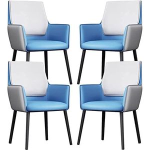 GEIRONV Set van 4 lederen eetkamerstoelen, koolstofstalen poten balie lounge receptie stoel keuken armleuningen rugleuning stoelen Eetstoelen (Color : Blue+gray, Size : 82 * 46 * 42cm)