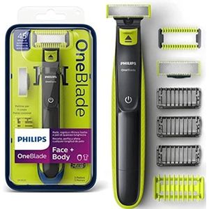 Philips OneBlade Face + Body, trimmen, stylen, scheren, voor elke haarlengte, elk 1 mesje voor gezicht en lichaam, 4 opzetstukken (model QP2620/20)