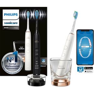 Philips Sonicare DiamondClean Serie 9000 - Duopakket met 2x geavanceerde sonische elektrische tandenborstels voor schonere tanden en tandvlees, met mobiele app, zwart + roségoud (model HX9914/57),