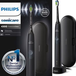 Philips Sonicare ProtectiveClean 4300 Elektrische tandenborstel, sonische tandenborstel met W2 Optimal White borstelkop, reisetui en laadstation, zwart (model HX6800/87)