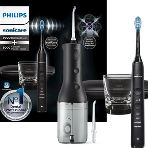 Philips Sonicare DiamondClean 9000 elektrische sonische tandenborstel + Power Flosser 3000 draadloze tandheelkundige straal, zwart (model HX3866/43)