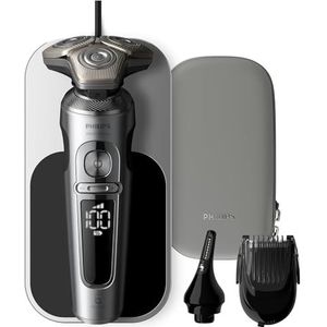 Philips Elektrisch Scheerapparaat Series 9000 Prestige, nat en droog, glanzend chroom, Lift & Cut scheersysteem, SkinIQ Technologie, Qi oplaadpad, baardstyler, neustrimmer, model SP9871/22