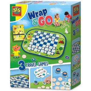 SES - Wrap&Go reisspellen - Dammen - Memo - Ik ga op reis en ik neem mee - 3 in 1 - travel size - speelbord is de bewaartas - houten onderdelen