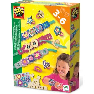 SES - Easy glitter ringen en armbanden - sieraden maken - kunststof kinderringen en echt houten bedels - met glitter - speelgoed 3 jaar