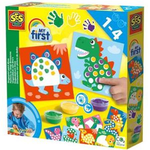 SES - My First - Vingerafdruk Verf Dino's - 10 kleurplaten met dieren en 3 kleuren vingerverf - goed uitwasbaar - Dinosaurus