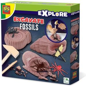SES - Explore - Fossielen Opgraven - Opgravingsset - 3 Fossielen met Houten Beitel en Hamer