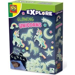 SES - Explore - Glowing unicorns - glow in the dark - 24 unicorns en sterren om te plakken - met foam plakkers en stickers - voor een mooi versierde slaapkamer