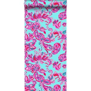 HD vliesbehang funky flowers en paisleys turquoise en roze - 136840 van ESTAhome