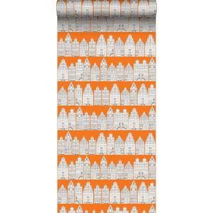 ESTAhome behang Amsterdamse huizen oranje en wit - 115874 - 53 cm x 10,05 m