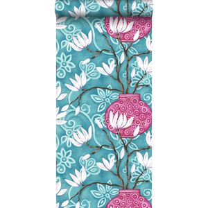 Origin Wallcoverings behang magnolia turquoise en roze - 346925 - 53 cm x 10,05 m