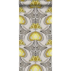 Origin behang jugendstil bloemmotief okergeel en grijs - 347206