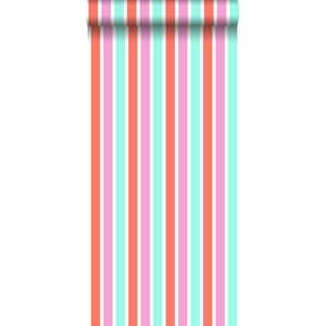 ESTAhome behang verticale strepen roze, turquoise en koraal rood - 138704 - 53 cm x 10,05 m