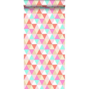 ESTAhome behang driehoekjes roze, turquoise en koraal rood - 53 cm x 10,05 m - 138714