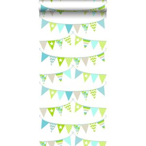 ESTAhome behang vlaggetjes turquoise, limegroen en beige - 53 cm x 10.05 m - 138719
