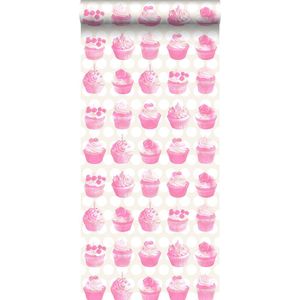 ESTAhome behang cupcakes op glanzende stip roze - 138723 - 53 cm x 10,05 m