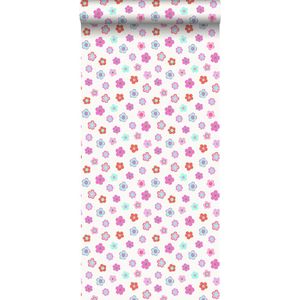 ESTAhome behang vintage bloemetjes roze, turquoise en koraal rood - 53 cm x 10,05 m - 138724
