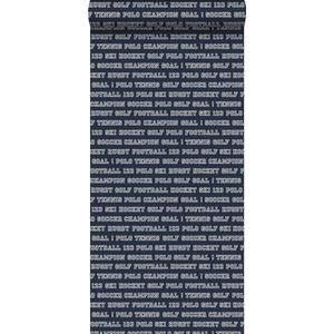 ESTAhome behang sportteksten donkerblauw - 138830 - 53 cm x 10,05 m