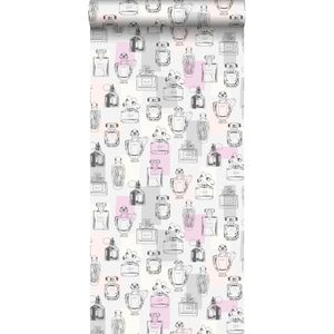 HD vliesbehang parfum flesjes lila paars, licht perzik roze, grijs en wit - 138856 van ESTAhome