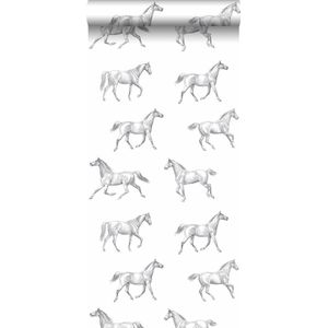 krijtverf vliesbehang getekende paarden zwart op wit - 128807 van ESTAhome