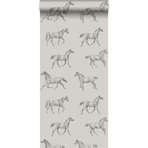 krijtverf vliesbehang getekende paarden donker beige - 128808 van ESTAhome