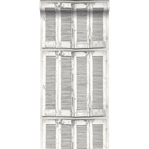 ESTAhome behang verweerde houten Franse vintage louvre luiken licht warm grijs en mat wit - 138882 - 53 cm x 10,05 m