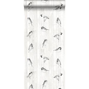 ESTAhome behang pengetekende vogels op sloophout planken zwart en mat wit - 128834 - 53 cm x 10,05 m