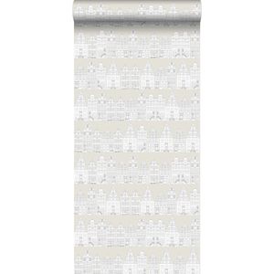 ESTAhome behang getekende Amsterdamse grachtenhuisjes lichtgrijs - 138909 - 53 cm x 10,05 m