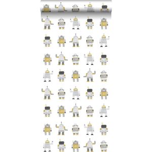 ESTAhome behang getekende vintage speelgoed robots okergeel en zilver - 138940 - 53 cm x 10,05 m