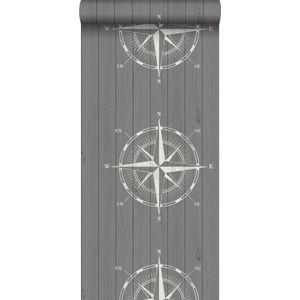 ESTAhome behang kompasroos op sloophout wit en grijs - 138976 - 0,53 x 10,05 m