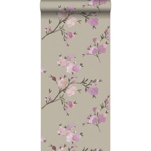 ESTAhome - Vliesbehang - Kersenbloesems - Taupe en Lila Paars - 53 cm x 10.05 m