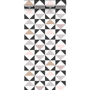 ESTAhome behang grafische driehoeken wit, zwart, warm grijs en oudroze - 139094 - 0,53 x 10,05 m