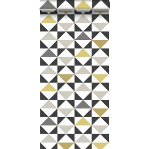 ESTAhome behang grafische driehoeken wit, zwart, grijs en okergeel - 139095 - 0,53 x 10,05 m